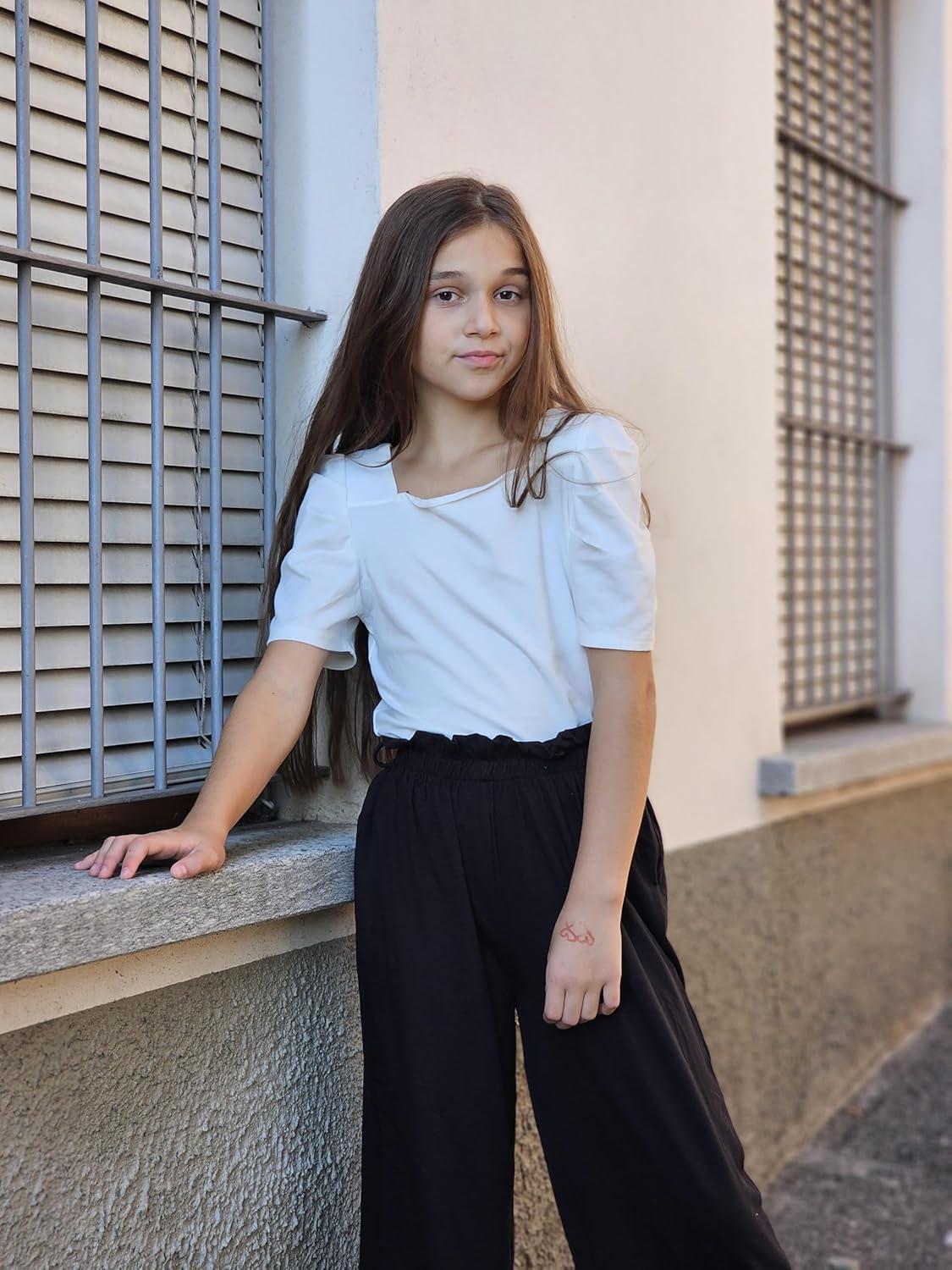 image:imageArshiner Girls 2 Pieces Outfits Kids Square Neck Puff Sleeve Tops and Pants Set with Pockets 614 YearsWhite Black