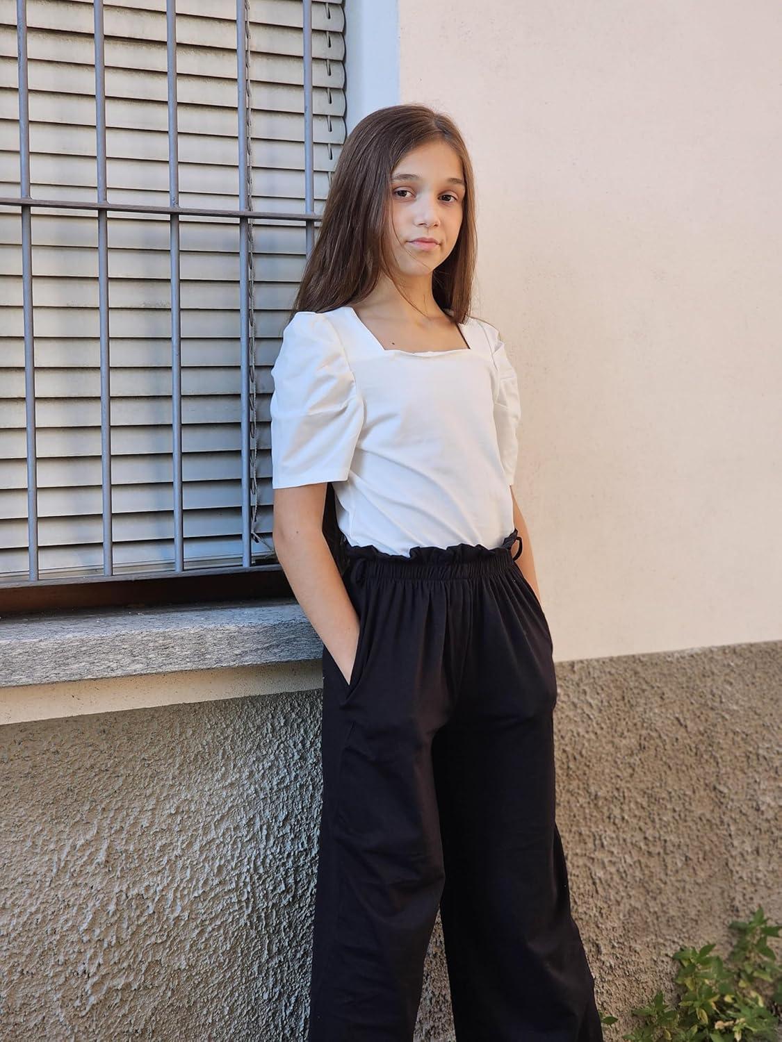 image:imageArshiner Girls 2 Pieces Outfits Kids Square Neck Puff Sleeve Tops and Pants Set with Pockets 614 YearsWhite Black