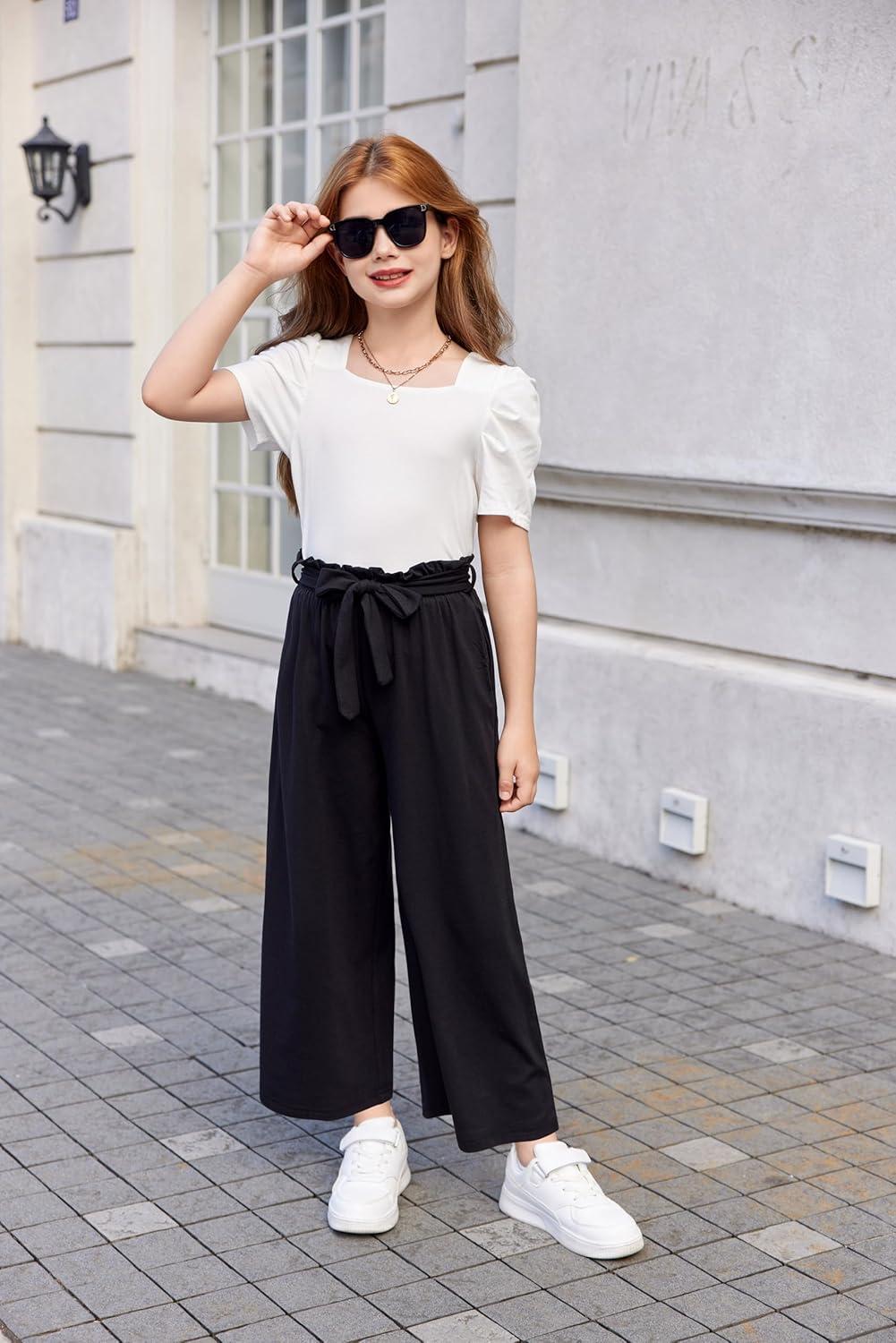image:imageArshiner Girls 2 Pieces Outfits Kids Square Neck Puff Sleeve Tops and Pants Set with Pockets 614 YearsWhite Black