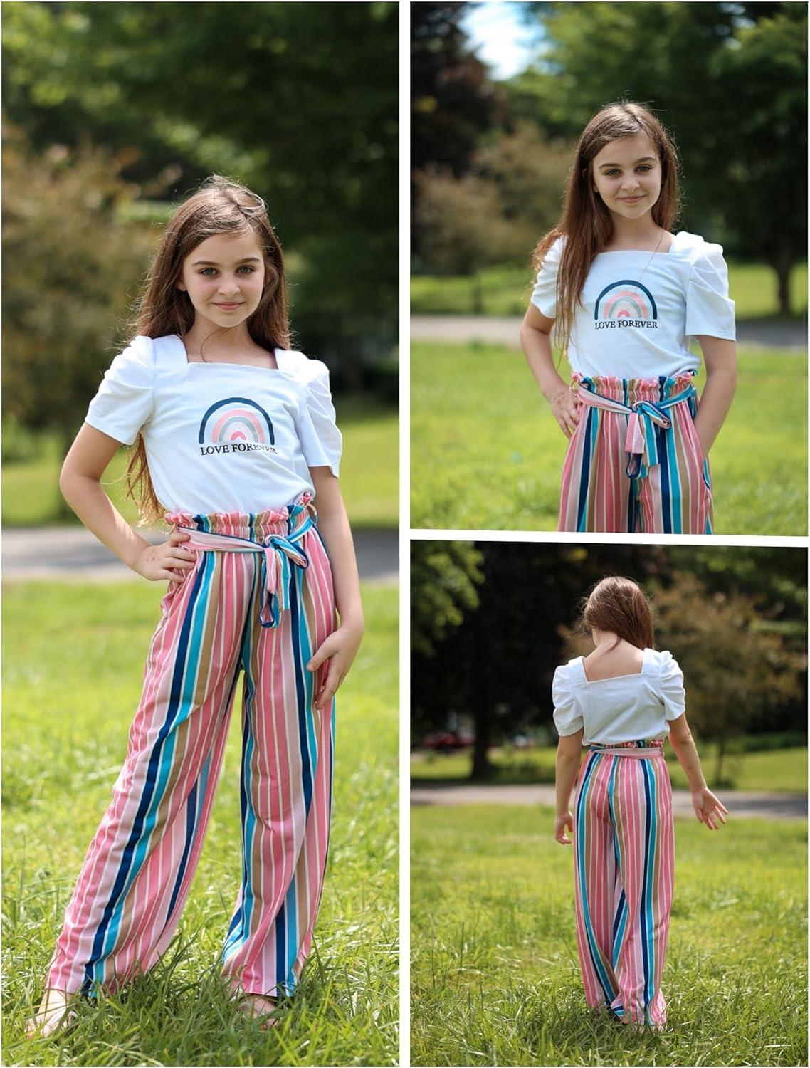 image:imageArshiner Girls 2 Pieces Outfits Kids Square Neck Puff Sleeve Tops and Pants Set with Pockets 614 YearsWhite Stripe