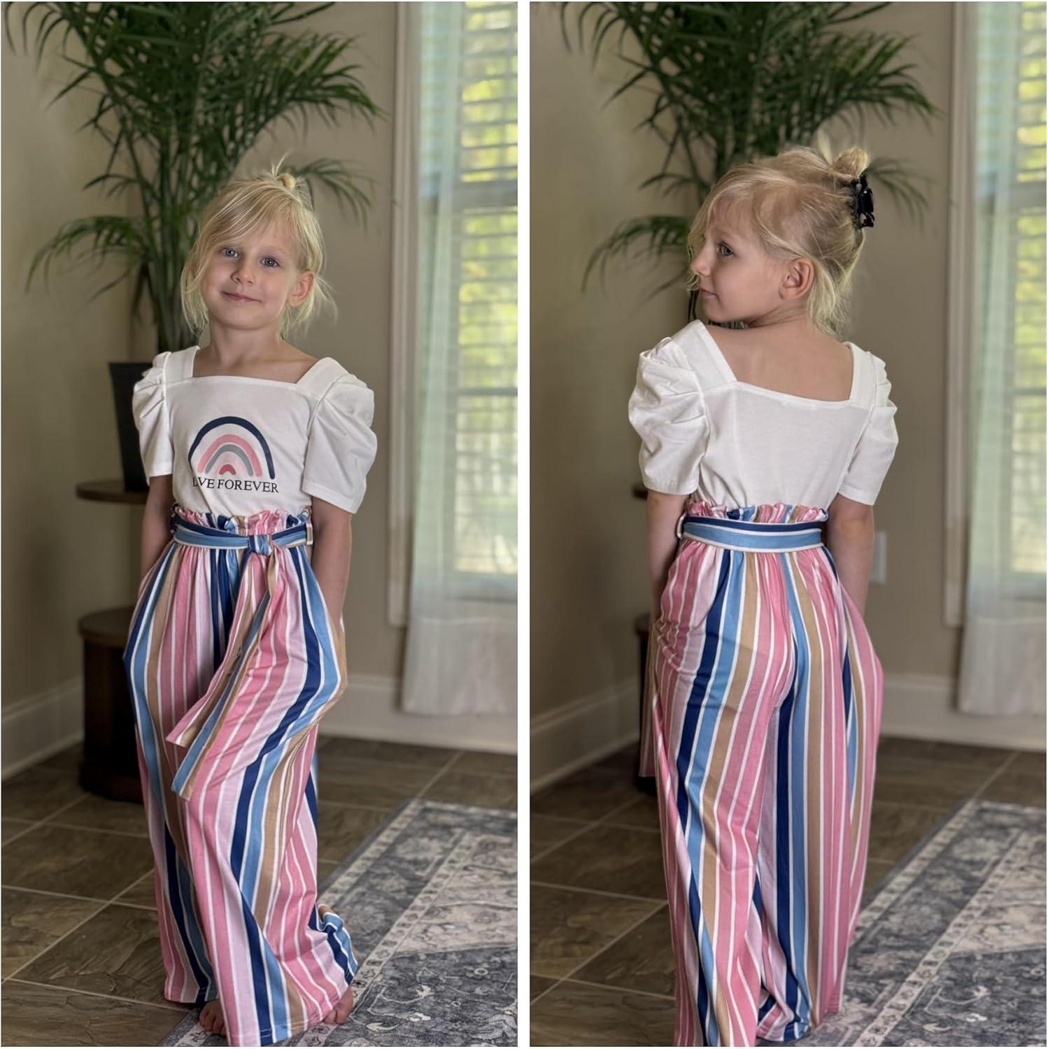 image:imageArshiner Girls 2 Pieces Outfits Kids Square Neck Puff Sleeve Tops and Pants Set with Pockets 614 YearsWhite Stripe