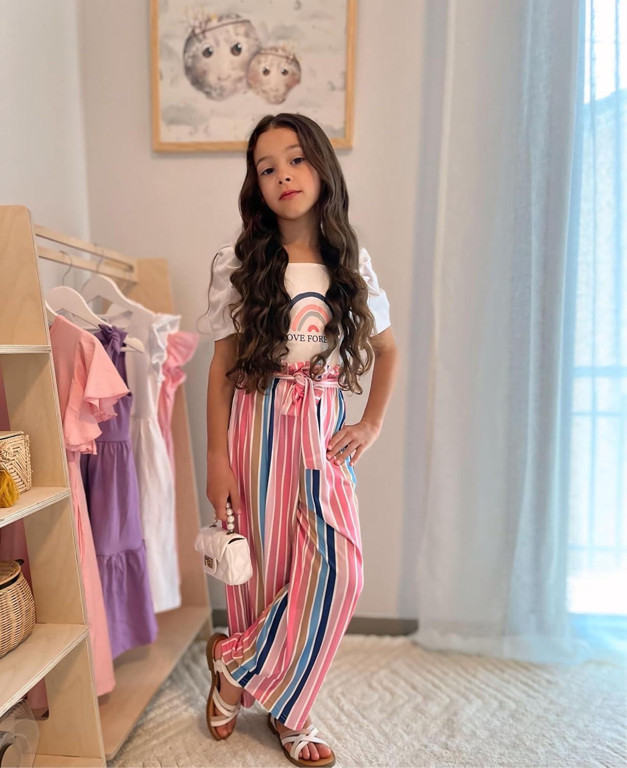 image:imageArshiner Girls 2 Pieces Outfits Kids Square Neck Puff Sleeve Tops and Pants Set with Pockets 614 YearsWhite Stripe