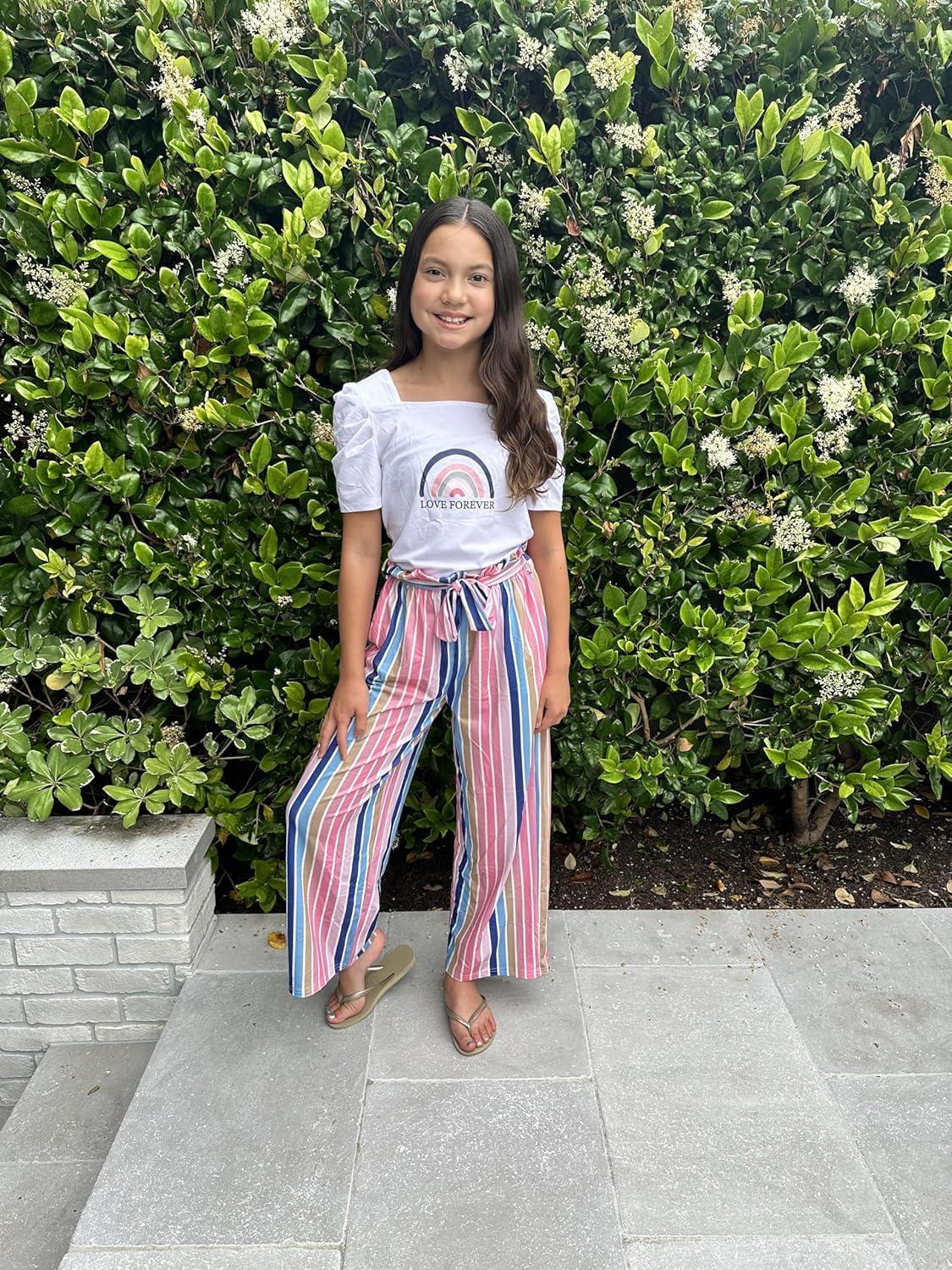 image:imageArshiner Girls 2 Pieces Outfits Kids Square Neck Puff Sleeve Tops and Pants Set with Pockets 614 YearsWhite Stripe