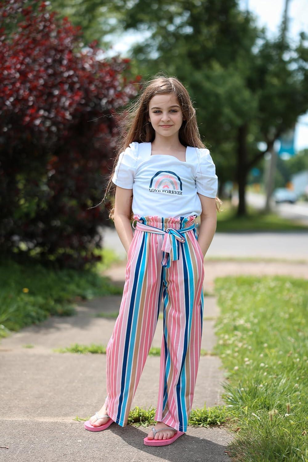 image:imageArshiner Girls 2 Pieces Outfits Kids Square Neck Puff Sleeve Tops and Pants Set with Pockets 614 YearsWhite Stripe