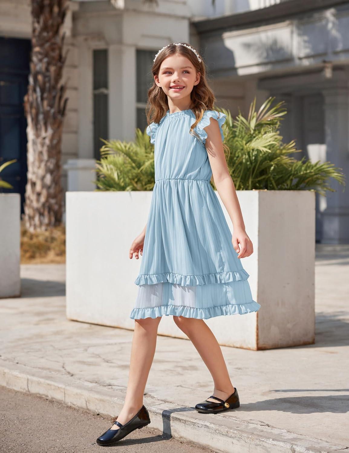 image:imageArshiner Girls Summer Dresses Ruffle Sleeve ALine Sundress Casual Elegant DressesLight Blue