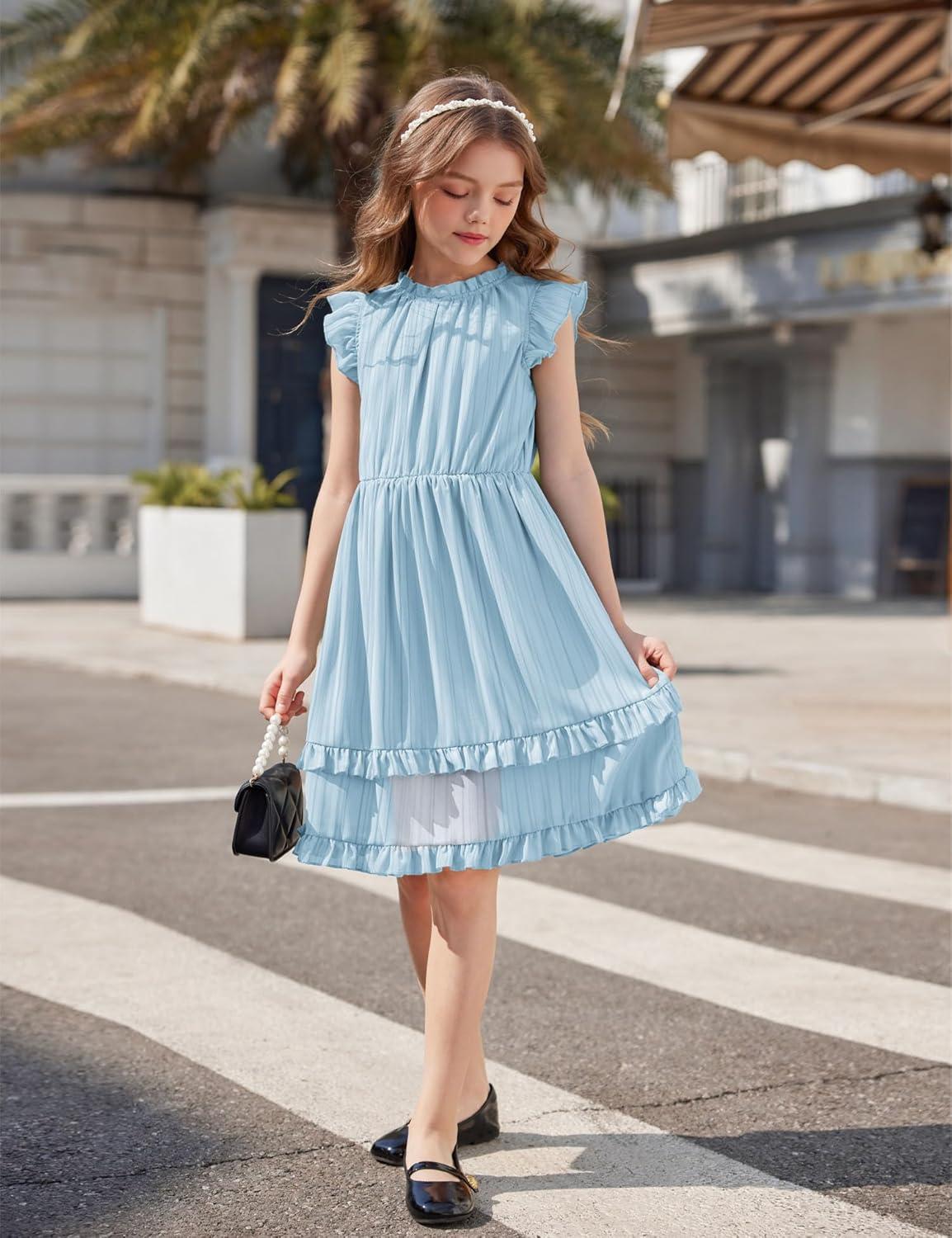 image:imageArshiner Girls Summer Dresses Ruffle Sleeve ALine Sundress Casual Elegant DressesLight Blue