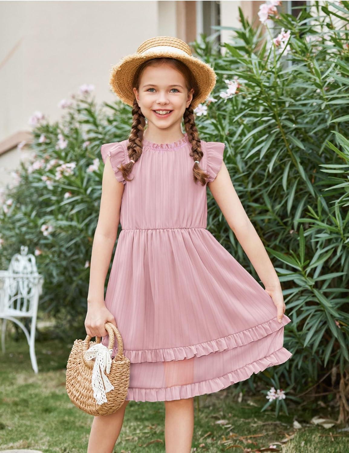 image:imageArshiner Girls Summer Dresses Ruffle Sleeve ALine Sundress Casual Elegant DressesLight Pink