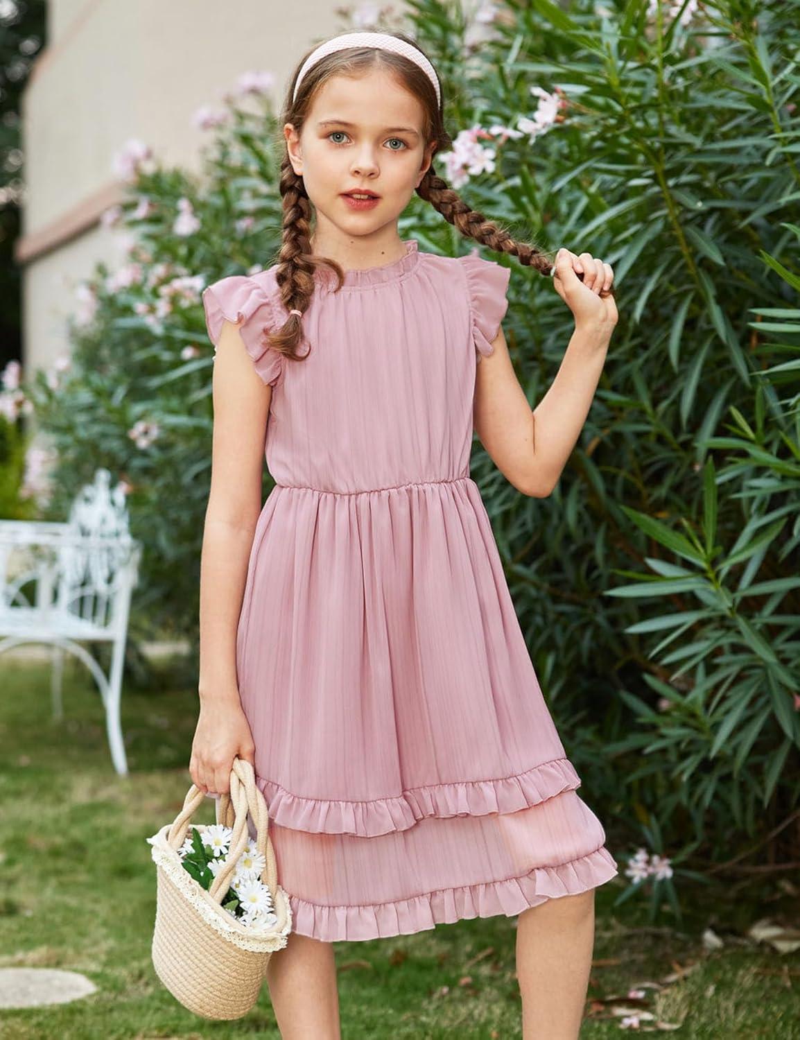 image:imageArshiner Girls Summer Dresses Ruffle Sleeve ALine Sundress Casual Elegant DressesLight Pink