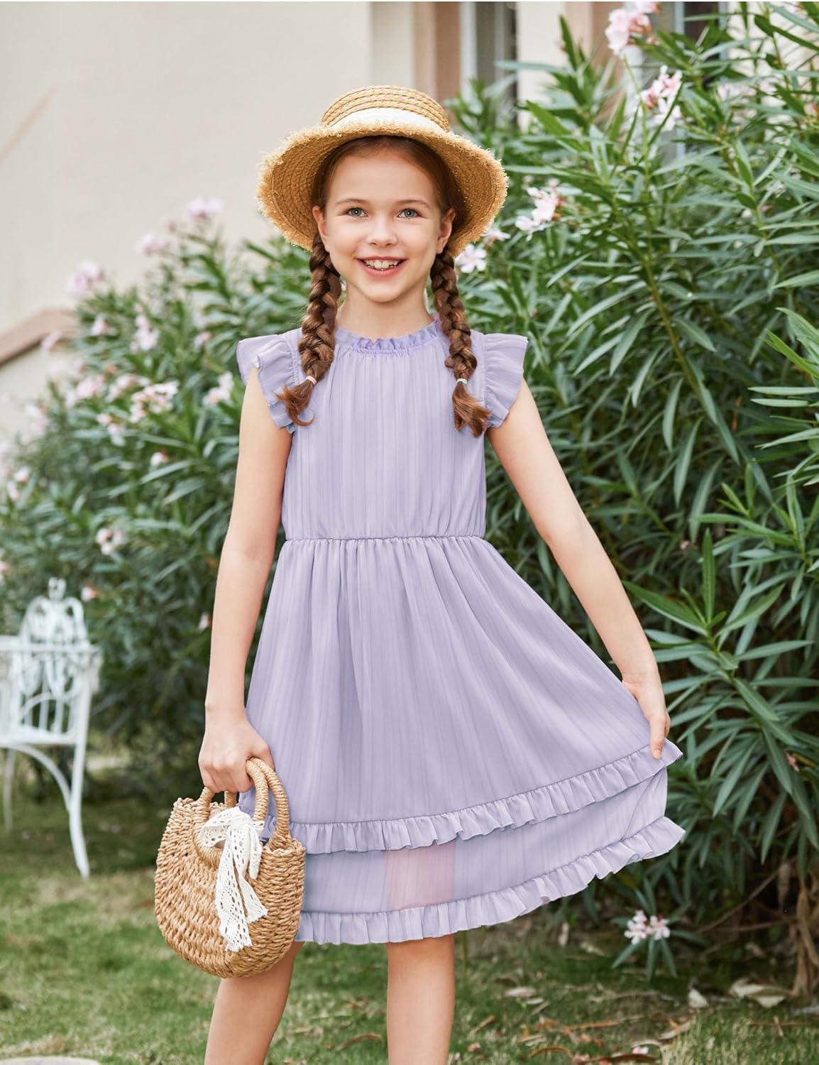image:imageArshiner Girls Summer Dresses Ruffle Sleeve ALine Sundress Casual Elegant DressesLight Purple