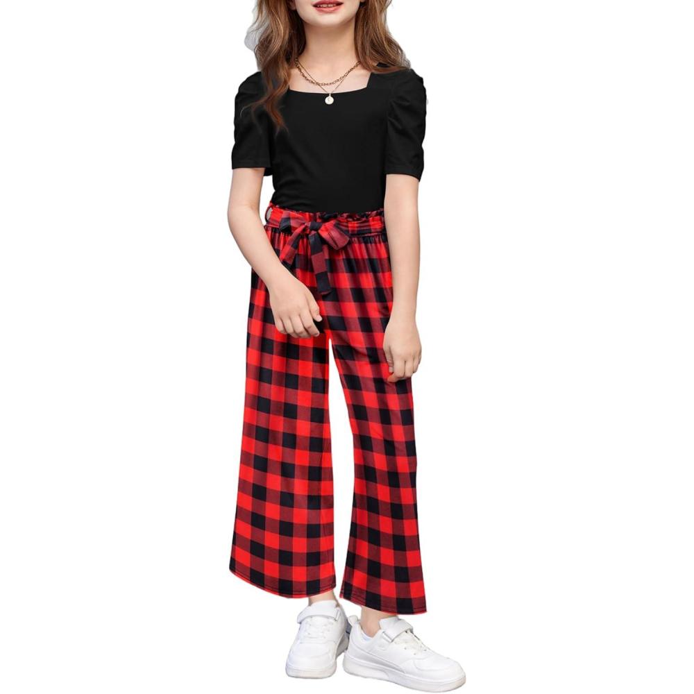 image:imageArshiner Girls 2 Pieces Outfits Kids Square Neck Puff Sleeve Tops and Pants Set with Pockets 614 YearsBlack Red Plaid