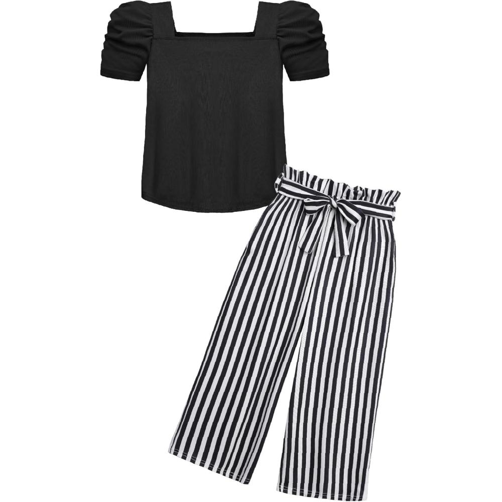 image:imageArshiner Girls 2 Pieces Outfits Kids Square Neck Puff Sleeve Tops and Pants Set with Pockets 614 YearsBlack Stripe