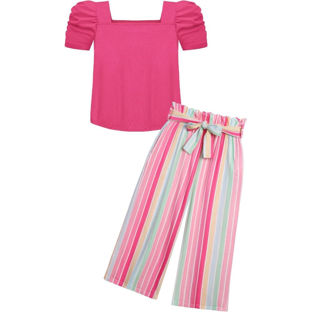 image:imageArshiner Girls 2 Pieces Outfits Kids Square Neck Puff Sleeve Tops and Pants Set with Pockets 614 YearsHot Pink Stripe