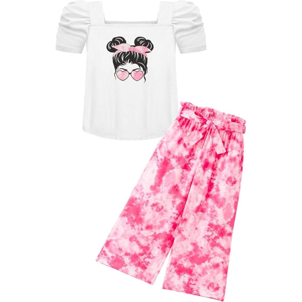 image:imageArshiner Girls 2 Pieces Outfits Kids Square Neck Puff Sleeve Tops and Pants Set with Pockets 614 YearsPink Girl