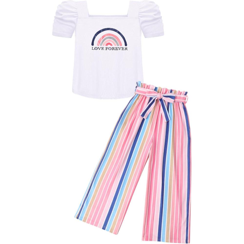 image:imageArshiner Girls 2 Pieces Outfits Kids Square Neck Puff Sleeve Tops and Pants Set with Pockets 614 YearsWhite Stripe