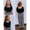 Arshiner Girls 2 Pieces Outfits Kids Square Neck Puff Sleeve Tops and Pants Set with Pockets 6-14 Years(Black Stripe)