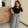 Arshiner Girls 2 Pieces Outfits Kids Square Neck Puff Sleeve Tops and Pants Set with Pockets 6-14 Years(Black Stripe)