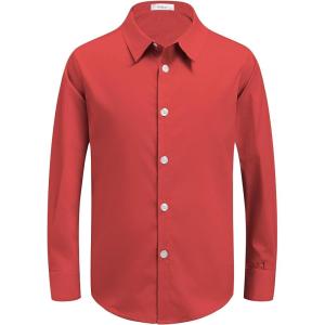 Arshiner Boys Long Sleeve Dress Shirt Button Down Shirts Formal School Uniform Shirt Size 5-12 Years(Red)