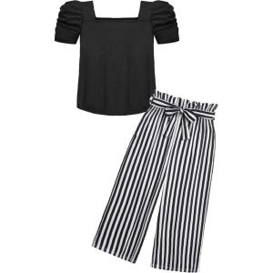Arshiner Girls 2 Pieces Outfits Kids Square Neck Puff Sleeve Tops and Pants Set with Pockets 6-14 Years(Black Stripe)