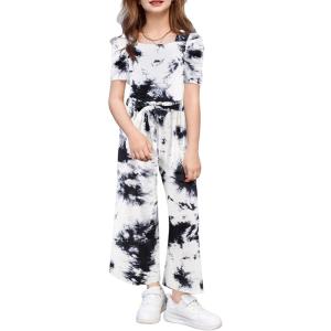 Arshiner Girls 2 Pieces Outfits Kids Square Neck Puff Sleeve Tops and Pants Set with Pockets 6-14 Years(Black Tie Dye)