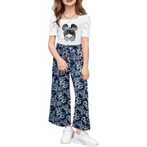 Arshiner Girls 2 Pieces Outfits Kids Square Neck Puff Sleeve Tops and Pants Set with Pockets 6-14 Years(Blue Floral)