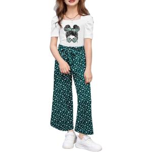 Arshiner Girls 2 Pieces Outfits Kids Square Neck Puff Sleeve Tops and Pants Set with Pockets 6-14 Years(Green Floral)