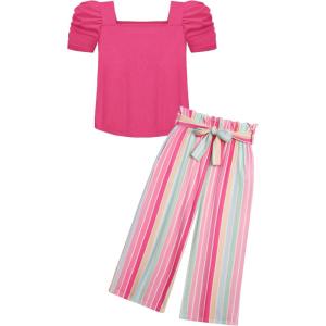 Arshiner Girls 2 Pieces Outfits Kids Square Neck Puff Sleeve Tops and Pants Set with Pockets 6-14 Years(Hot Pink Stripe)