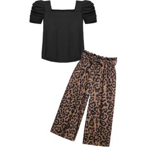 Arshiner Girls 2 Pieces Outfits Kids Square Neck Puff Sleeve Tops and Pants Set with Pockets 6-14 Years(Leopard)