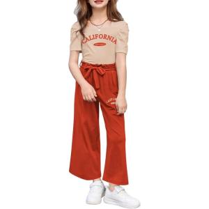 Arshiner Girls 2 Pieces Outfits Kids Square Neck Puff Sleeve Tops and Pants Set with Pockets 6-14 Years(Letter Printed)