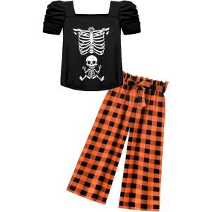 Arshiner Girls 2 Pieces Outfits Kids Square Neck Puff Sleeve Tops and Pants Set with Pockets 6-14 Years(Orange Plaid)