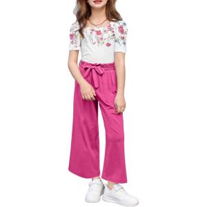 Arshiner Girls 2 Pieces Outfits Kids Square Neck Puff Sleeve Tops and Pants Set with Pockets 6-14 Years(Pink Floral)