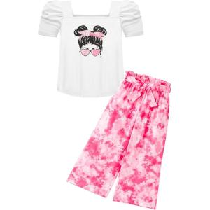 Arshiner Girls 2 Pieces Outfits Kids Square Neck Puff Sleeve Tops and Pants Set with Pockets 6-14 Years(Pink Girl)