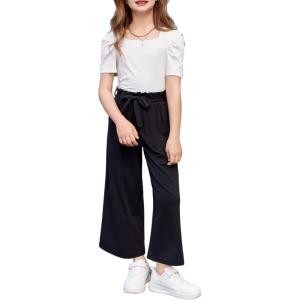 Arshiner Girls 2 Pieces Outfits Kids Square Neck Puff Sleeve Tops and Pants Set with Pockets 6-14 Years(White & Black)
