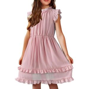 Arshiner Girls Summer Dresses Ruffle Sleeve A-Line Sundress Casual Elegant Dresses(Light Pink)