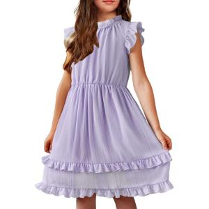 Arshiner Girls Summer Dresses Ruffle Sleeve A-Line Sundress Casual Elegant Dresses(Light Purple)