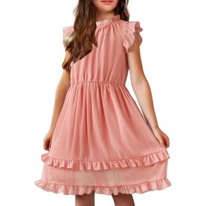 Arshiner Girls Summer Dresses Ruffle Sleeve A-Line Sundress Casual Elegant Dresses(Pink)