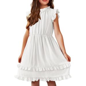 Arshiner Girls Summer Dresses Ruffle Sleeve A-Line Sundress Casual Elegant Dresses(White)