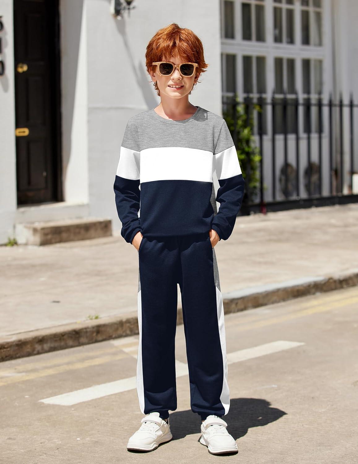 image:imageArshiner Boys Clothes Color Block Sweatshirt amp Casual Pants 2Pcs Fall Winter Outfits Set for Kids 212 YearsGray White