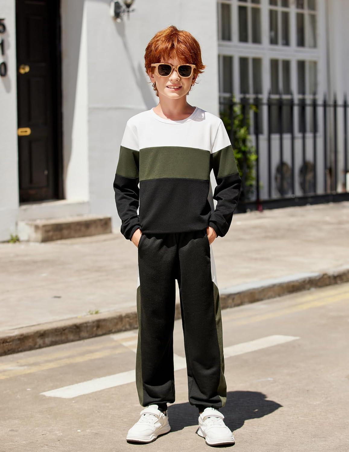 image:imageArshiner Boys Clothes Color Block Sweatshirt amp Casual Pants 2Pcs Fall Winter Outfits Set for Kids 212 YearsWhite Army Green
