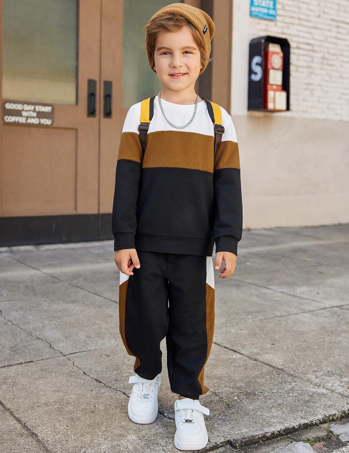 image:imageArshiner Boys Clothes Color Block Sweatshirt amp Casual Pants 2Pcs Fall Winter Outfits Set for Kids 212 YearsWhite Brown Stripe