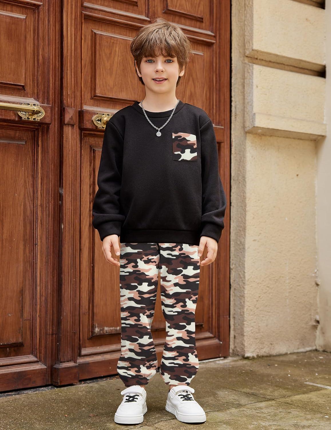 image:imageArshiner Boys Fleece Colorblock Sweatshirt amp Pants Outfit Set Fall Winter Clothes Toddler to Big Kid Sizes 212 YearsBlack Army Camo