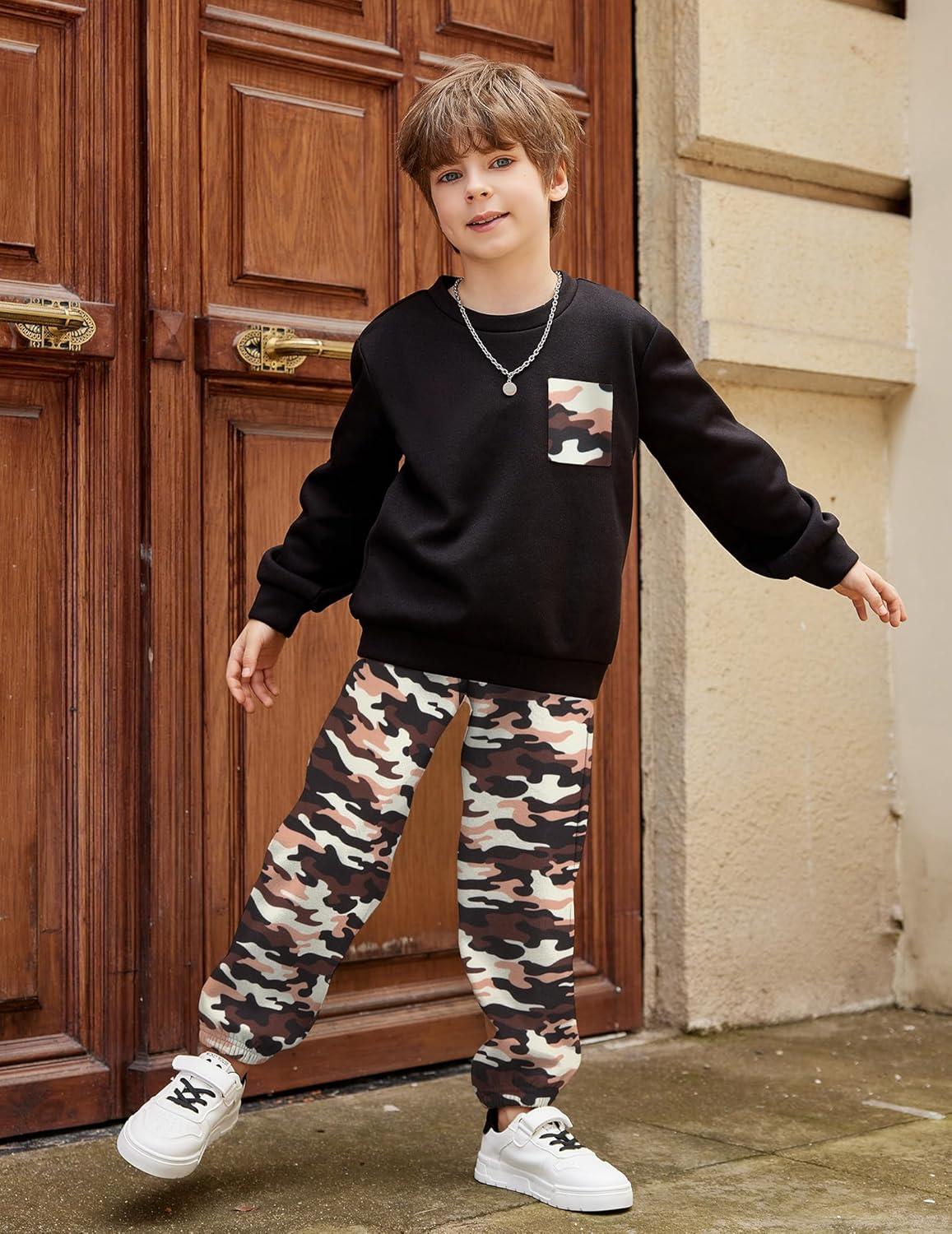 image:imageArshiner Boys Fleece Colorblock Sweatshirt amp Pants Outfit Set Fall Winter Clothes Toddler to Big Kid Sizes 212 YearsBlack Army Camo