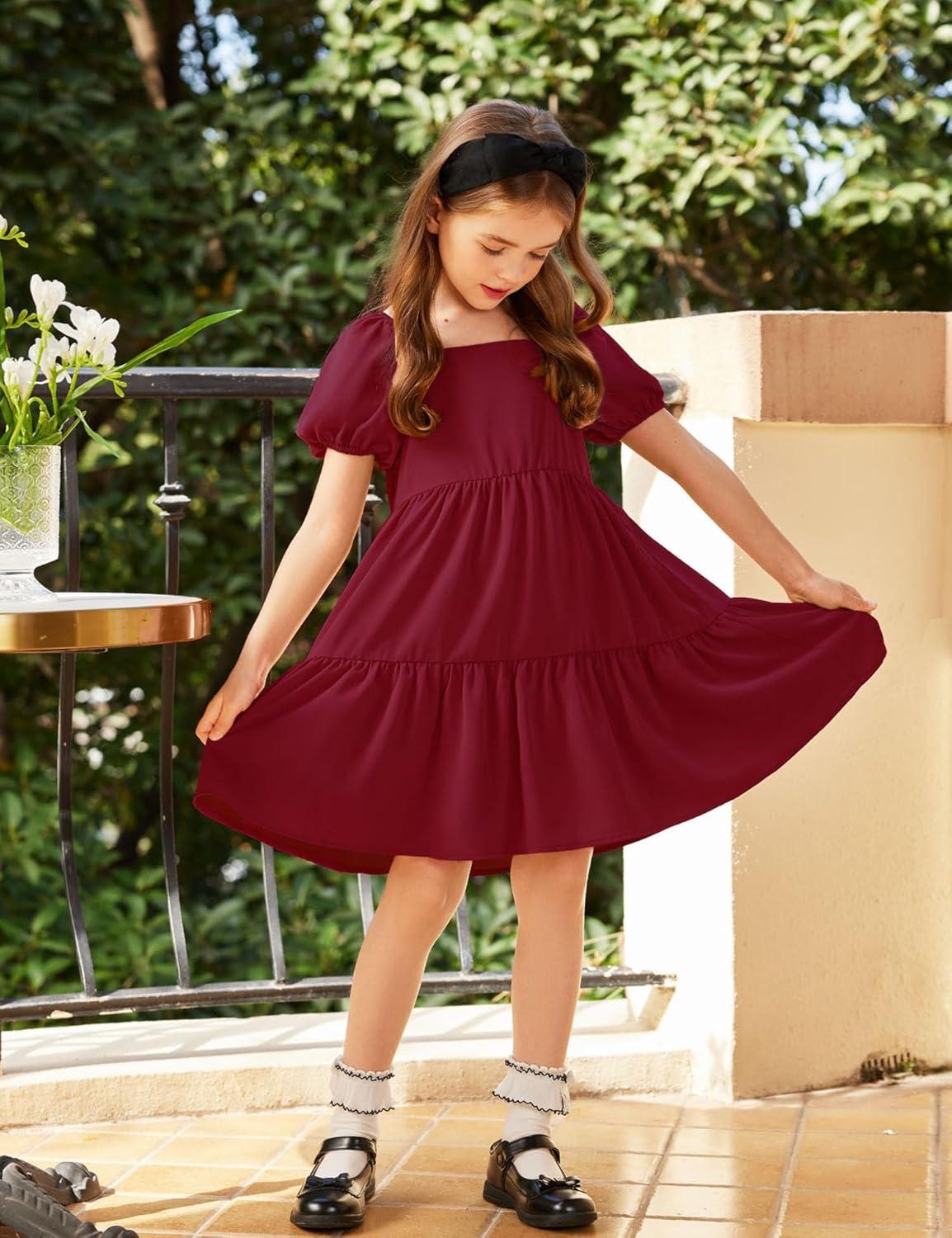 image:imageArshiner Girls Dresses Short Sleeve Ruffle Chiffon Summer Flowy Dress with Square NeckA Wine Red