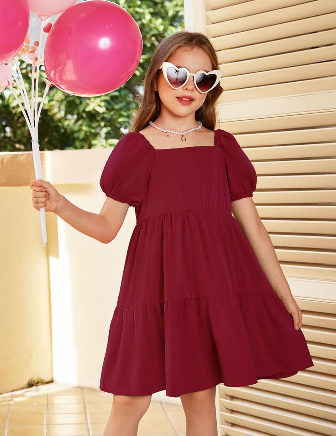 image:imageArshiner Girls Dresses Short Sleeve Ruffle Chiffon Summer Flowy Dress with Square NeckA Wine Red