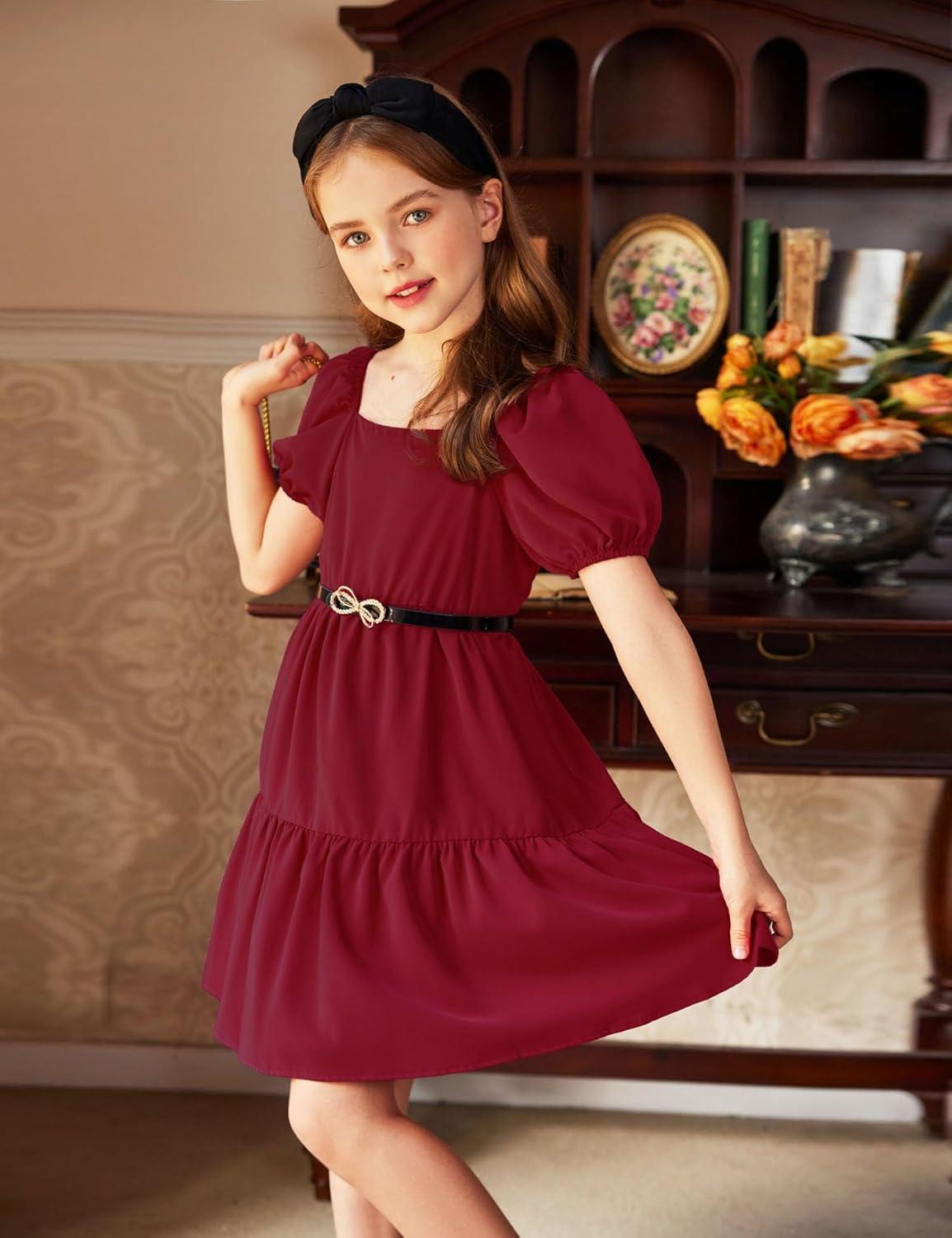 image:imageArshiner Girls Dresses Short Sleeve Ruffle Chiffon Summer Flowy Dress with Square NeckA Wine Red