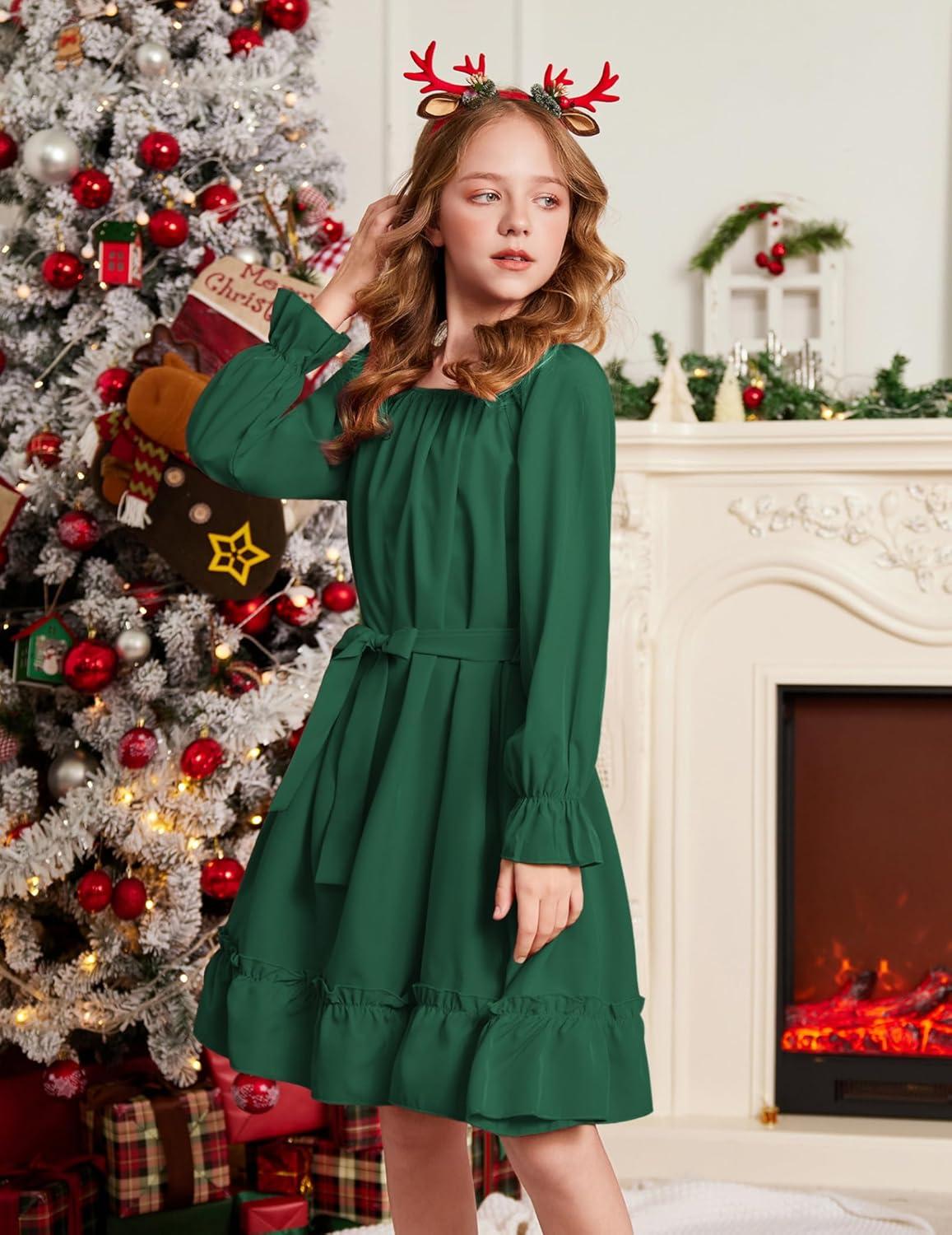 image:imageArshiner Girls Long Sleeve Dress Holiday Party Casual Ruffle Flowy Swing Midi Dresses 514 YearsDark Green