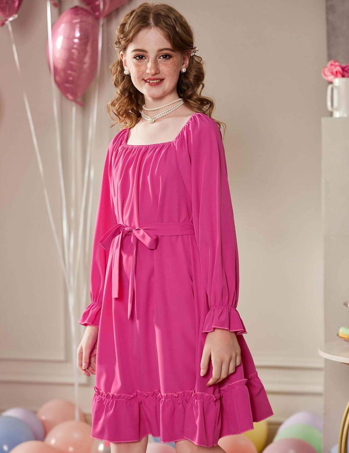 image:imageArshiner Girls Long Sleeve Dress Holiday Party Casual Ruffle Flowy Swing Midi Dresses 514 YearsHot Pink