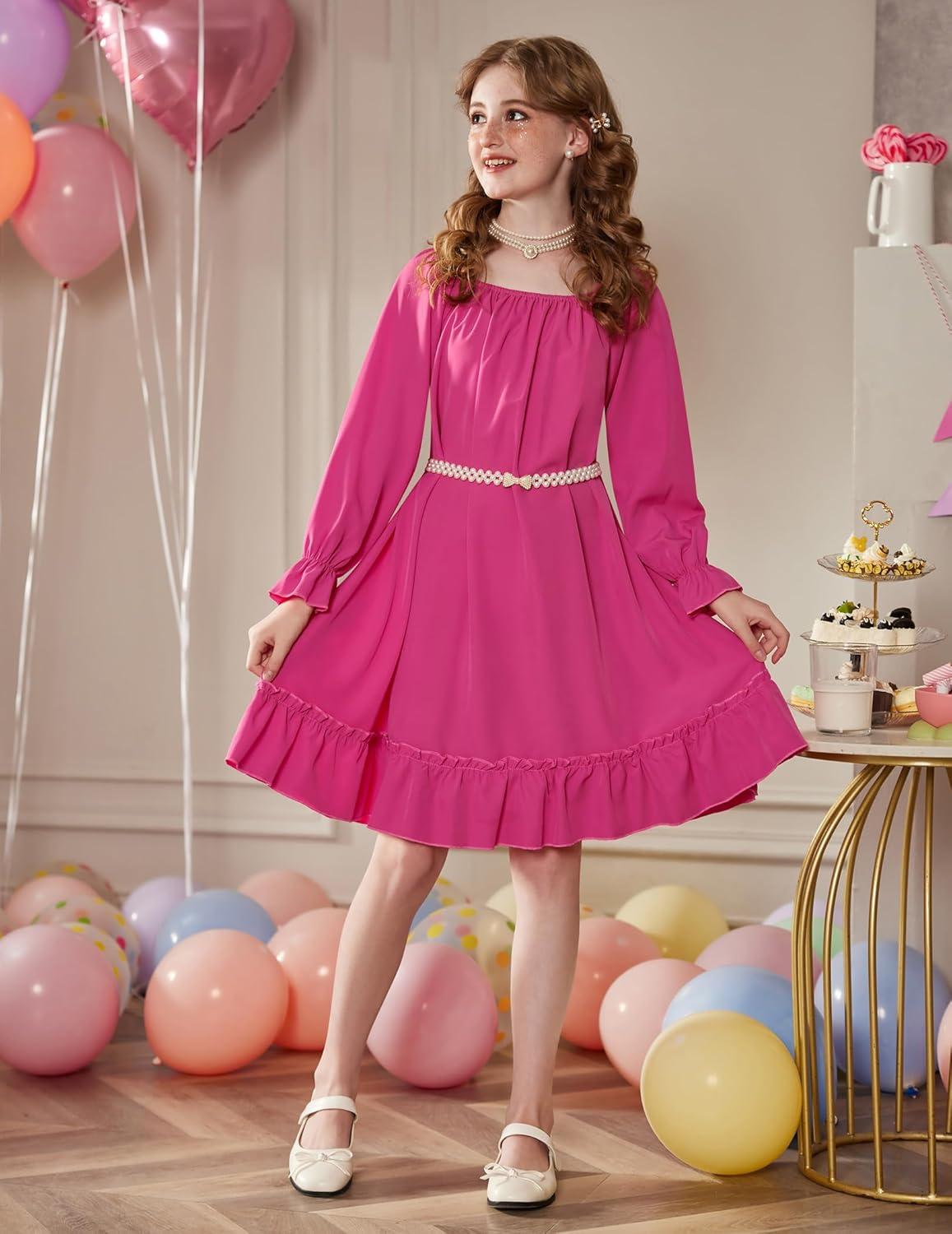 image:imageArshiner Girls Long Sleeve Dress Holiday Party Casual Ruffle Flowy Swing Midi Dresses 514 YearsHot Pink