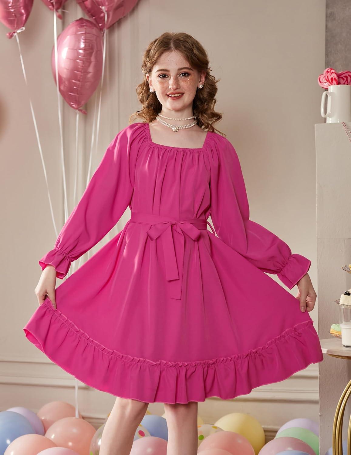 image:imageArshiner Girls Long Sleeve Dress Holiday Party Casual Ruffle Flowy Swing Midi Dresses 514 YearsHot Pink