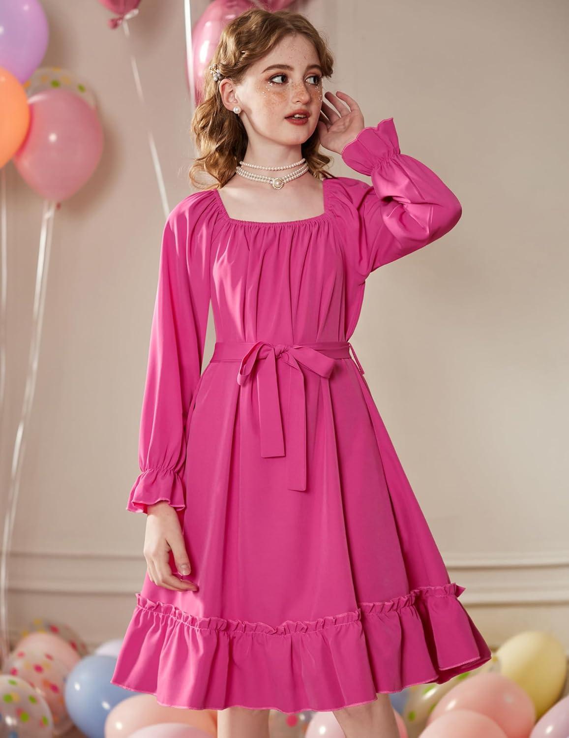 image:imageArshiner Girls Long Sleeve Dress Holiday Party Casual Ruffle Flowy Swing Midi Dresses 514 YearsHot Pink