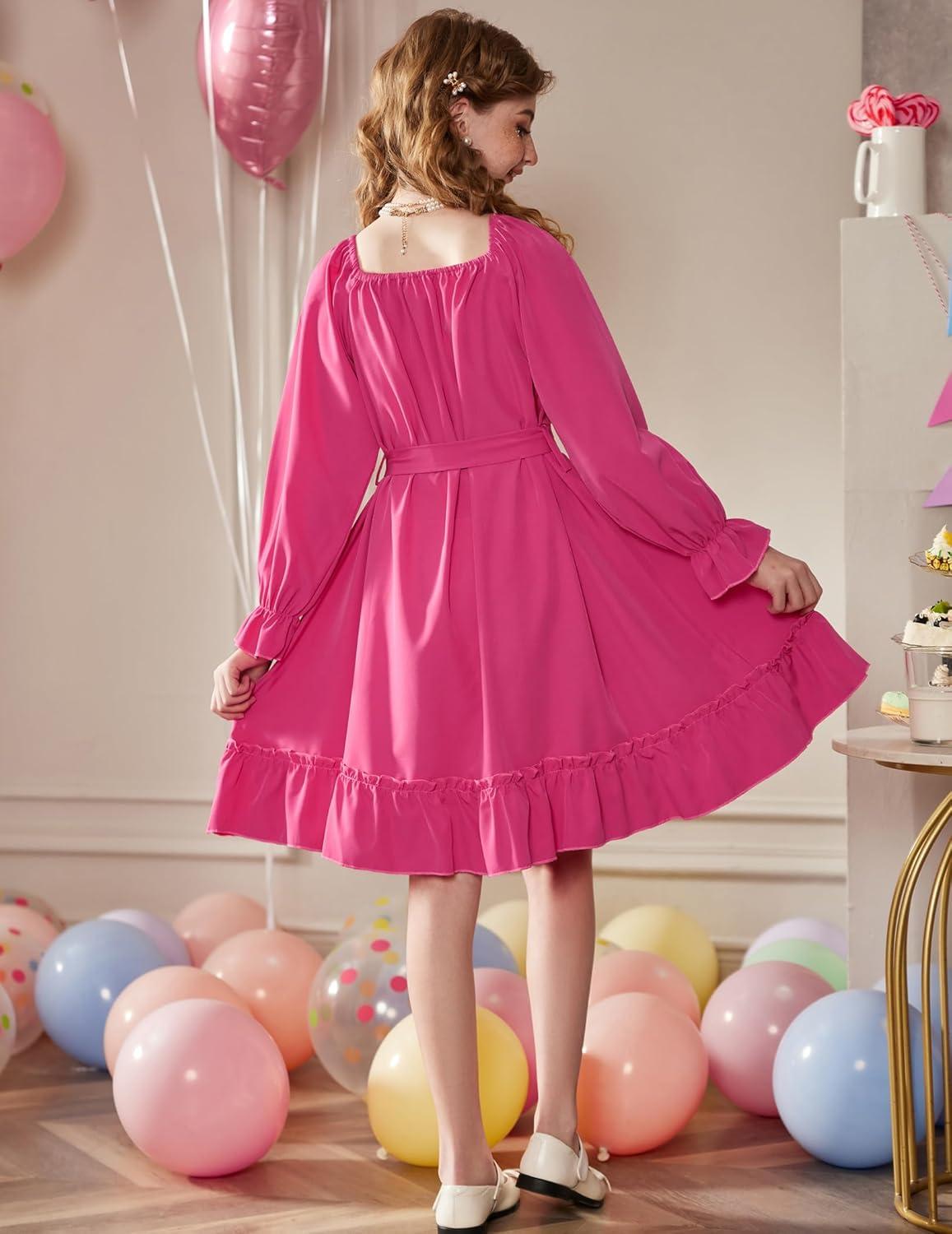image:imageArshiner Girls Long Sleeve Dress Holiday Party Casual Ruffle Flowy Swing Midi Dresses 514 YearsHot Pink